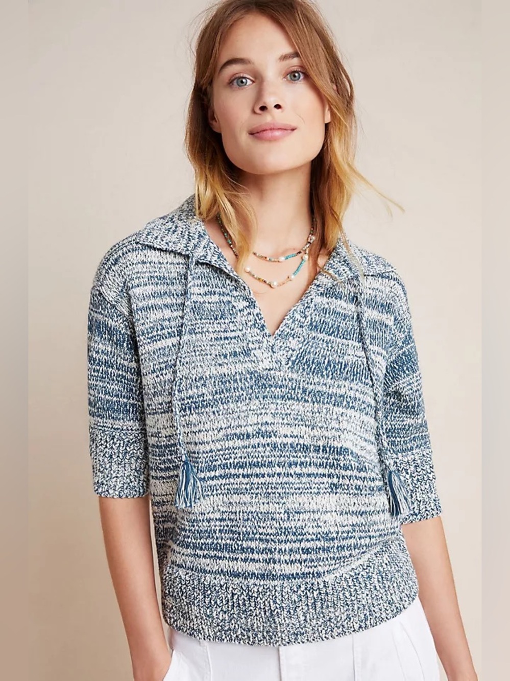 Anthropologie Blue & White Marled Knit Collared Pullover XL Coastal Summer